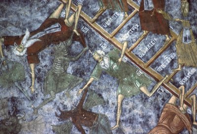 Sinners dragged by demons (detail), Ladder of Heaven painting, north wall of the church by Romanian School